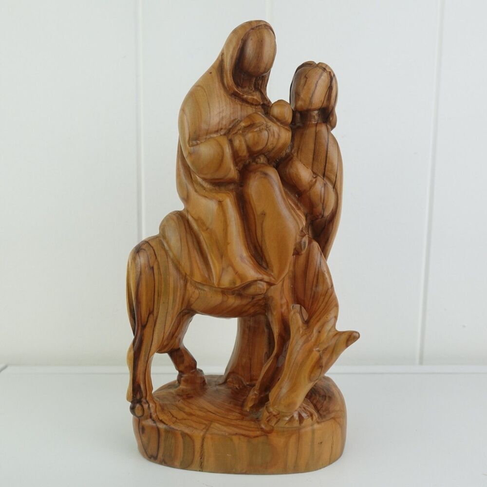 Hand Carved Olivewood Statue Capturing the Flight to Egypt Holy Family Christmas